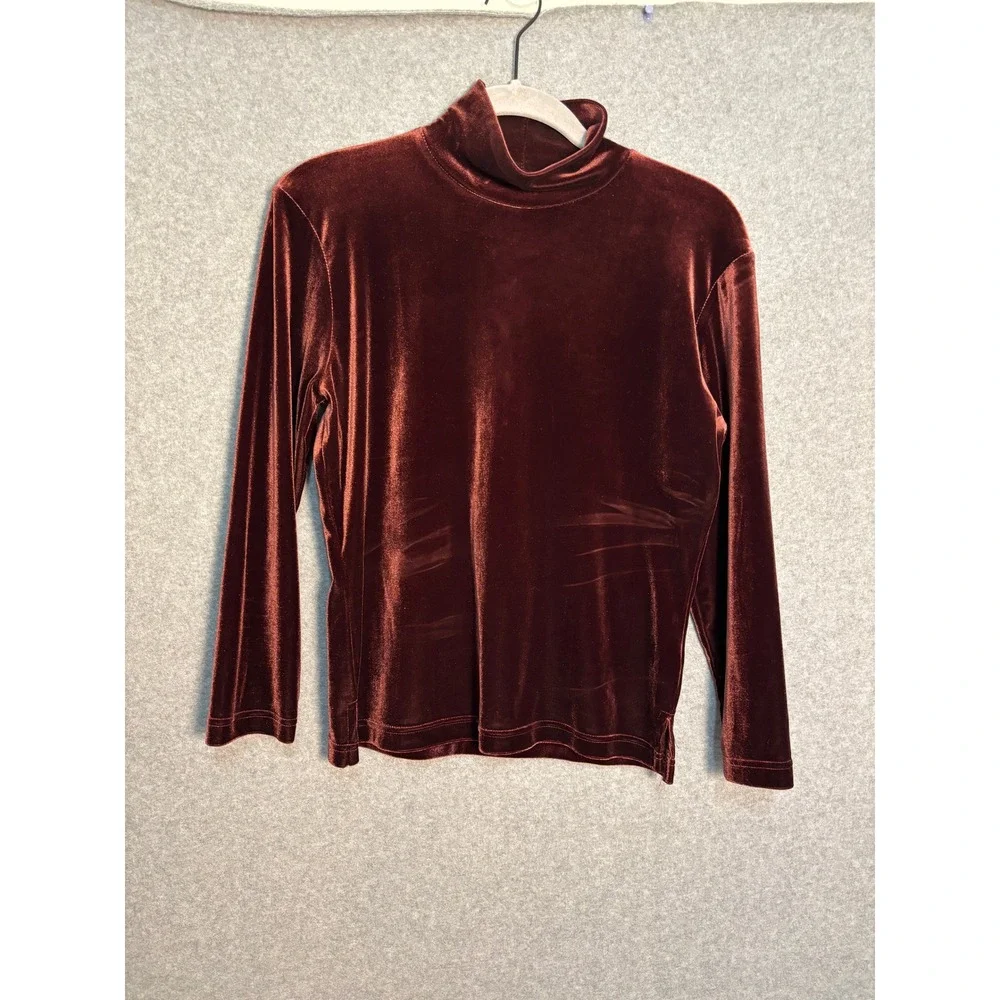 Moda International Velvet Top Burgundy Mock Neck Stretch Long Sleeve Y2K Women M
